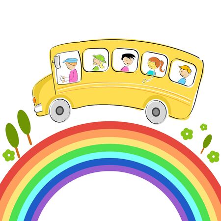 illustration of world tour with bus on rainbowのイラスト素材