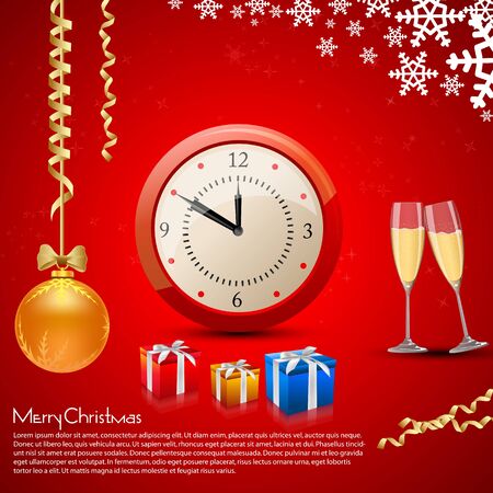 illustration of christmas card with champagne,present,ball and watchのイラスト素材