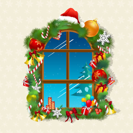 illustration of christmas card with gifts on windowのイラスト素材