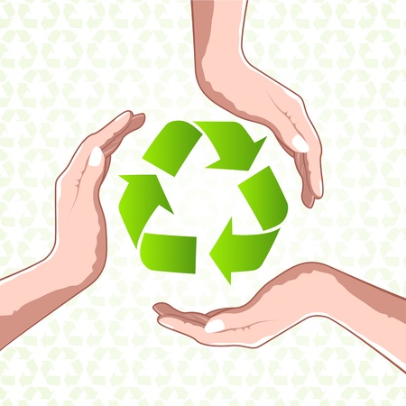 illustration of recycle icon with hands on white backgroundのイラスト素材