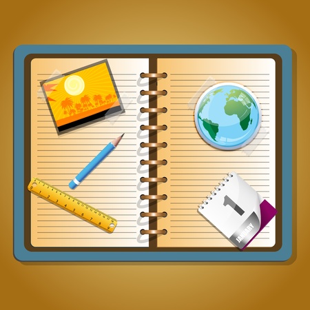 illustration of travel planning with stationery on notebookのイラスト素材