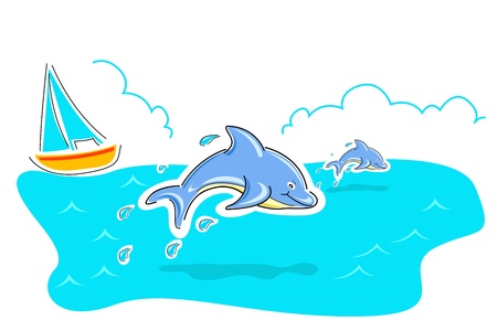 illustration of jumping dolphin in sea on white backgroundのイラスト素材