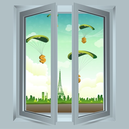 illustration of open window with dollar parachuteのイラスト素材