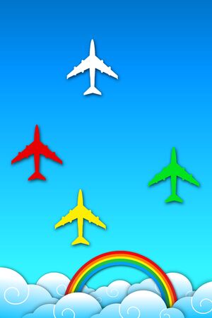 illustration of aeroplane in sky with rainbow on abstract backgroundのイラスト素材