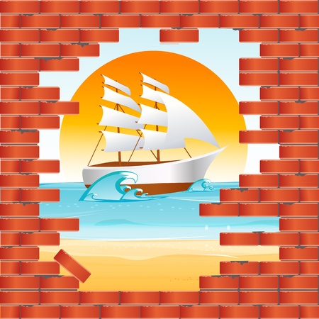 illustration of sea view from wallのイラスト素材
