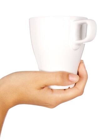 Hand holding coffee mug with white backgroundの写真素材