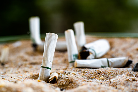 cigarette stub colour white in the trash with sand. Health concept dark tone