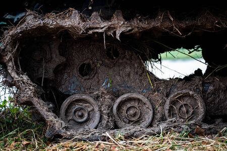 mud sticky in roller, spocket and rubber track. canât workの写真素材