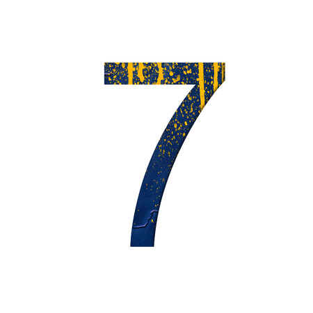 Number 7 illustration on isolated white background. Watercolor alphabet symbol with splatter.