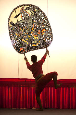 RATCHABURI, THAILAND - SEPTEMBER 19 : Nang yai Thai traditional shadow puppet at Wat Khanon Temple Septembery 19, 2012 in Ratchaburi, Thailand. のeditorial素材
