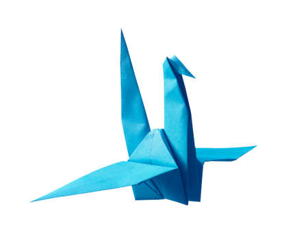Origami blue paple bird on white background の写真素材