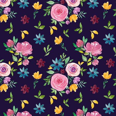 Watercolor illustration of rose flower.Pattern on violet background .の写真素材