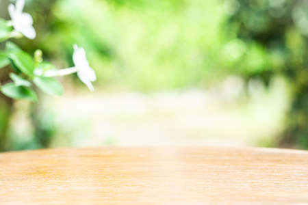 Wood table top on natural blurred backgroundの写真素材