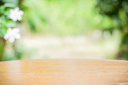 Wood table top on natural blurred backgroundの写真素材
