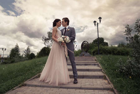 Wedding tour of the bride and groom in the forestの写真素材