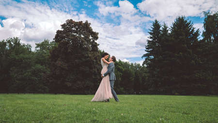 Wedding tour of the bride and groom in the forestの写真素材