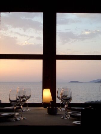 table in front of oceanの写真素材