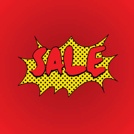 Sale dot pattern, comic vector illustration. Pop art explosion template. Retro dotted yellow speech bubble. Trendy flat image on red for logo, app, banner, web, design, dev, ui, ux, gui.のイラスト素材