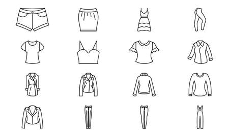 Womens clothes vector icons set line black EPS 10. Womens wear illustration..... Flat outline sign.. Shop online concept. Females item of clothing.... Apparel store symbol. isolated on whiteのイラスト素材