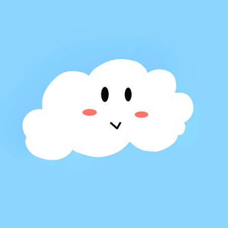 Cute, small, white cloud with eyes, pink cheeks and smiling lipの写真素材