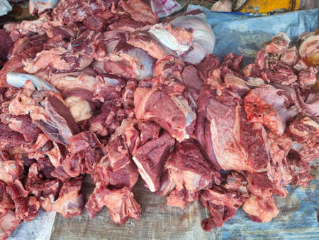 Fresh cut meat is placed in a tray. Ready to sell to customers
