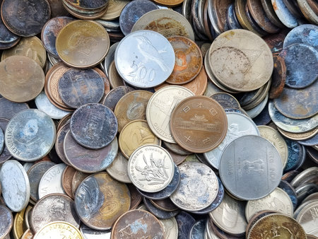Multi-currency coins. Background imageの写真素材