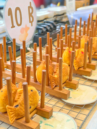 Golden taiyaki fish-shaped pastries filled with custard displayed on wooden rack. Traditional Thai street snack at vibrant market stall with plates and grid table in warm lightの写真素材