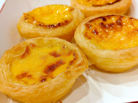 Golden egg custard tarts with smooth creamy filling and caramelized tops in crisp puff pastry....