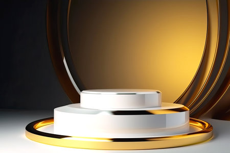 3d render, abstract background, golden and white, round podiumの素材