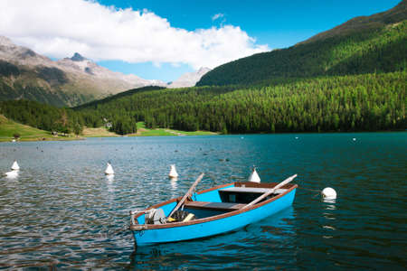 Sankt Moritz Lake with boats, Grisons, Switzerlandの写真素材