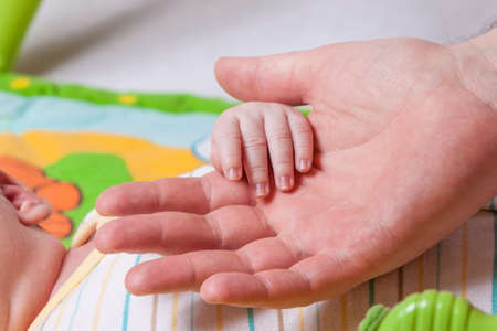 New born baby hand held by father
