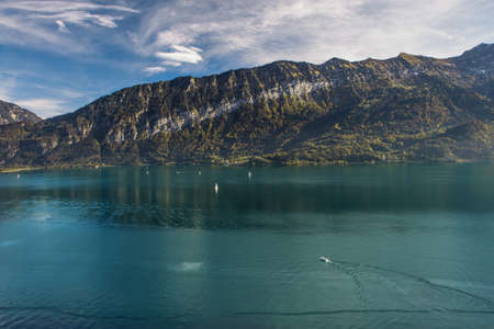Lake Brienz surrounded by Swiss Alps in autumn beautiful weather, Bernese Highlands, Switzerland, HDRの写真素材