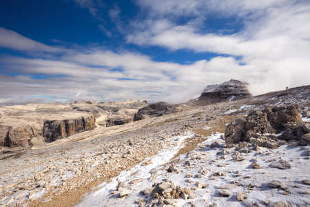 Sass Pordoi plateau with Piz Boe peak and Sella group mountains in Dolomites, Italy, Europeの写真素材