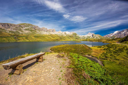 View to Tannesee and Swiss Alps panorama from Melchsee Frutt, Switzerland, Europeの写真素材