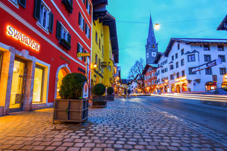 View of historic city Kitzbuehel at night, place of famous hahnenkamm races and one of the best ski resort in the world with 170 km prepared slopes, Tyrol, Austriaのeditorial素材