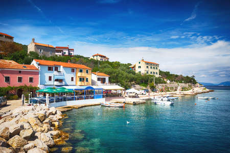 View to the village Valun with harbor and boats, Cres island, Croatia
