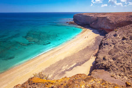 Sandy beach with vulcanic mountains near Morro Jable, Jandia, Fuerteventura, Canary Islands, Spainの写真素材
