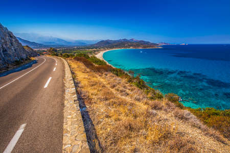 Beautiful view to Plage de Lozari near Lile Rousse, Corsica, France, Europe.の写真素材