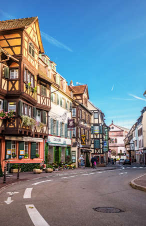 Colmar street view to colorful traditional french houses, Alsace, Franceのeditorial素材