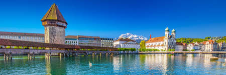 Historic city center of Lucerne with famous Chapel Bridge and lake Lucerne (Vierwaldstattersee), Canton of Lucerne, Switzerlandのeditorial素材