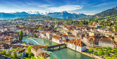 View to Pilatus mountain and historic city center of Luzern, Switzerland.のeditorial素材