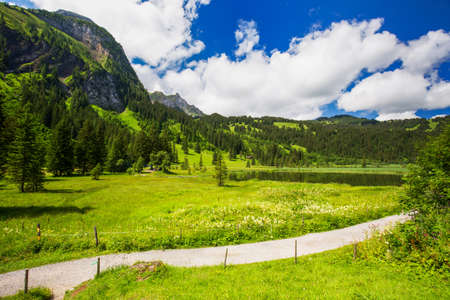 Pathway leading to Lauenensee lake near Gstaad, Berner Oberland, Switzerland, Europe.の写真素材