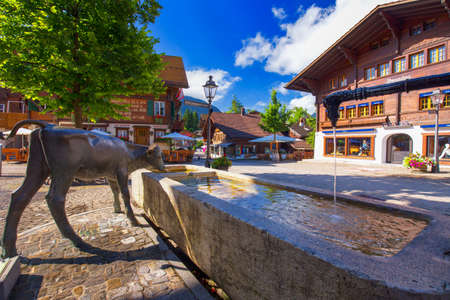 Old city center of Gstaad town, famous ski resort in canton Bern, Switzerland.のeditorial素材