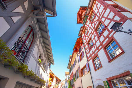 Colorful houses in old city center of Stein am Rhein willage, canton of Schaffhausen, Switzerland.のeditorial素材