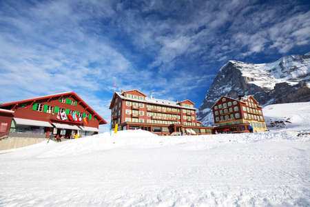 KLEINE SCHEIDEGG, SWITZERLAND - January 2017 - Jungfrau ski resort with famous Eiger, Monch and Jungfrau peaks in Swiss Alps, Grindelwald, Berner Oberland, Switzerland.のeditorial素材