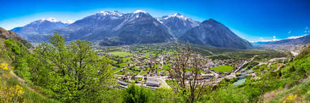 Leuk town near Leukerbad with Swiss Alps, Canton Valais, Switzerland.の写真素材
