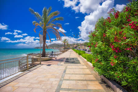 COGOLETO, ITALY - July 2017 - Coastline promenade with palm trees, Cogoleto city and azure water, Italien Riviera, Liguria, Italyの写真素材