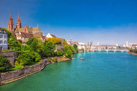 Old city center of Basel with Munster cathedral and the Rhine river, Switzerland, Europe. Basel is a city in northwestern Switzerland on the river Rhine and third-most-populous city.の写真素材