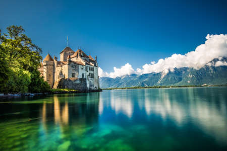 Famous Chateau de Chillon at Lake Geneva near Montreux, Switzerland, Europeのeditorial素材