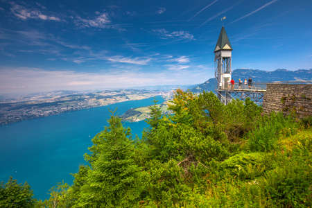 BURGENSTOCK, SWITZERLAND - August 1, 2018 - Hammetschwand elevator in Alps near Burgenstock with the view of Swiss Alps and Lucerne lake, Switzerland, Europe.のeditorial素材